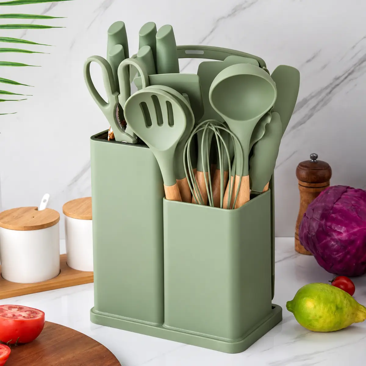 Kit 19 Peças Jogo de Utensílios Para Cozinha em Silicone Com Cabo de Madeira Completo Antiaderente — Verde